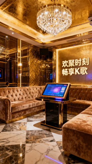 商务KTV场景，奢华精致的装修，明亮的灯光，摆放着舒适的沙发和高端的点歌设备，搭配“欢聚时刻”“畅享K歌”这类氛围文字，无公司名称、联系方式、二维码预览效果