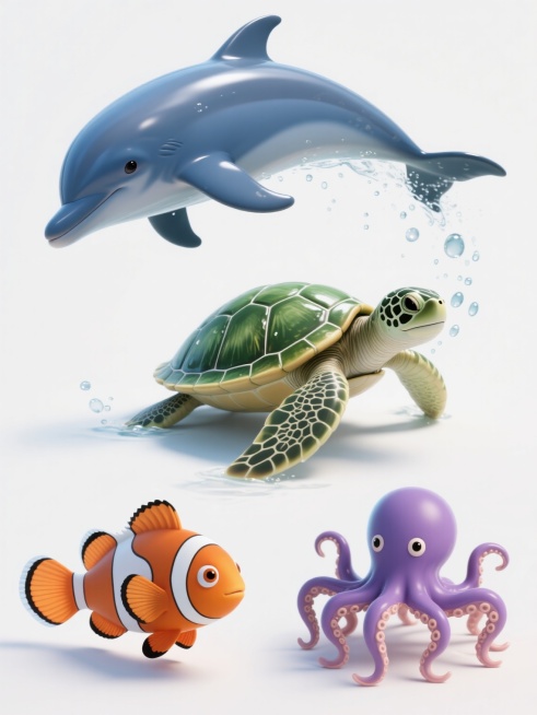 一组四个海洋动物的插画集合，保持与原图一致的3D写实风格，统一使用纯白色纯色背景。每个动物都具有光滑细腻的皮肤质感，带有自然的光影过渡和湿润的光泽感，身体周围有飞溅的水珠和气泡细节。从左到右、从上到下依次排列：第一幅是跃出水面的蓝色海豚，身体呈优美弧线，尾鳍向后伸展，头部微微抬起；第二幅是绿色海龟，四肢展开，头部伸出，龟壳上有清晰的纹理和光泽；第三幅是橙白相间的小丑鱼，身体呈流线型，尾鳍和胸鳍……预览效果