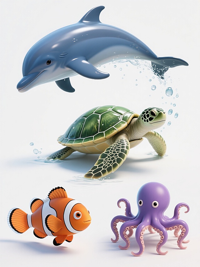 一组四个海洋动物的插画集合，保持与原图一致的3D写实风格，统一使用纯白色纯色背景。每个动物都具有光滑细腻的皮肤质感，带有自然的光影过渡和湿润的光泽感，身体周围有飞溅的水珠和气泡细节。从左到右、从上到下依次排列：第一幅是跃出水面的蓝色海豚，身体呈优美弧线，尾鳍向后伸展，头部微微抬起；第二幅是绿色海龟，四肢展开，头部伸出，龟壳上有清晰的纹理和光泽；第三幅是橙白相间的小丑鱼，身体呈流线型，尾鳍和胸鳍舒展，眼睛圆睁；第四幅是紫色章鱼，八条触手自然下垂，头部圆润，眼睛突出，触手上有吸盘细节。整体构图规整对称，每个动物占据相同大小的空间，保持一致的光照方向和阴影效果，形成和谐统一的系列感。