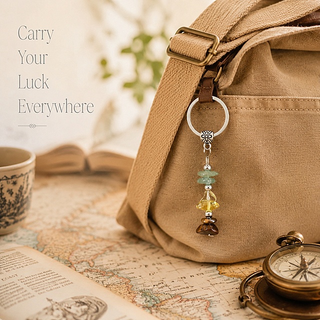 [主图-6] 日常穿搭氛围感场景图，主题"Carry Your Luck Everywhere"，治愈文艺轻复古杂志风，日常温暖氛围感，商业摄影质感、光线柔和通透、产品清晰真实、画面干净高级，欧美女生将"Good Luck"主题天然水晶钥匙扣挂在帆布包肩带上，钥匙扣替换为参考图https://1.png中同款绿东陵、黄水晶、虎眼石碎石堆叠款式，保持产品外观、结构、材质颜色完全一致；背景搭配复古地图、书籍、咖啡杯复古装饰，整体营造温暖治愈文艺质感，画面侧边标注衬线文字"Carry Your Luck Everywhere"，商品主体清晰，场景氛围自然，暖调柔和自然光，整体光线温暖通透，营造治愈氛围感，背景适当虚化突出产品，主背景偏浅暖米色复古色调，保留帆布包浅卡其色、水晶自然色彩，莫兰迪低饱和色调统一，文字浅灰色英文，平视生活化场景构图，景深适中，主体突出，画面满屏无边框，侧边"Carry Your Luck Everywhere"为纤细浅灰衬线字体，不遮挡产品主体，所有文字为英文，1:1 比例，2000×2000px分辨率，超高清，负向提示词：变形，文字错乱，产品图模糊，背景杂乱，水印，中文，电商平台Logo，多余营销信息
