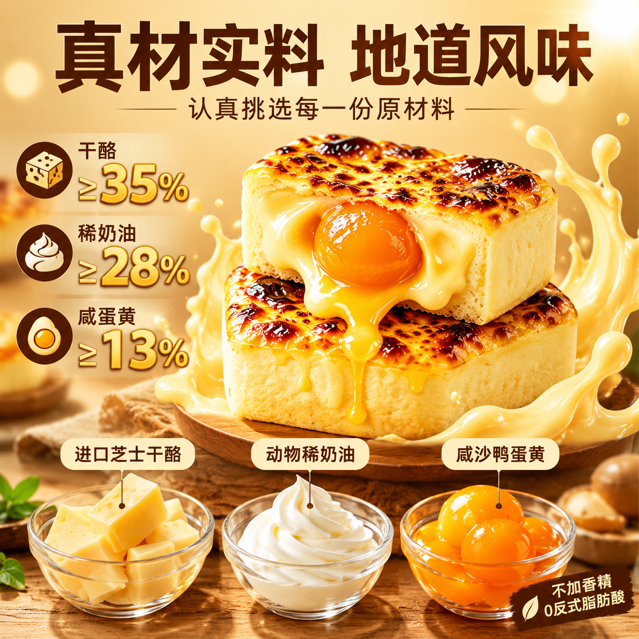 [主图-2] 真材实料成分卖点图，突出干酪/稀奶油/咸蛋黄三大… - 图片创意预览