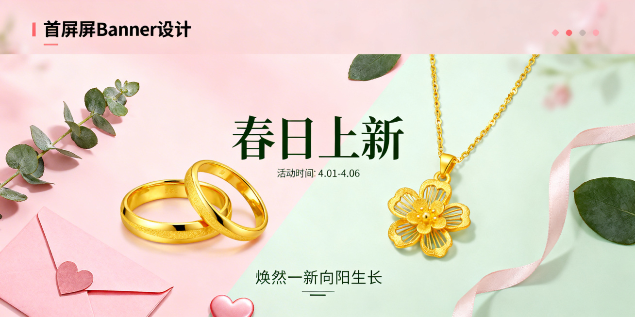 电商首屏Banner设计，春日清新轻奢风格，主标题"春日上新"，展示黄金对戒和花丝花朵项链新品，融入尤加利叶、粉色信封、爱心等春日元素，标注活动时间"4.01-4.06"和slogan"焕然一新向阳生预览效果