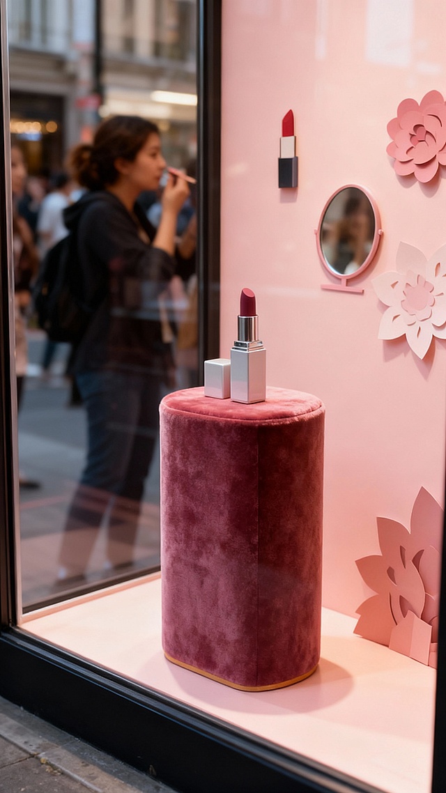 画面中心为街头美妆橱窗（特写视角），迷你豆沙色口红摆半米高丝绒展台，橱窗内浅粉背景，饰美妆纸雕（口红、镜面、花朵），玻璃反射试妆的路人，暖光烘托唇妆质感