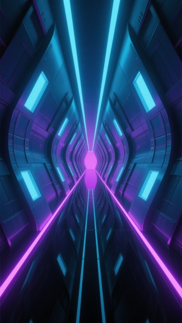 未来科技感十足的深邃走廊，两侧是对称排列的弧形金属结构墙体，表面有几何切割的面板和发光窗口，墙面和地面边缘镶嵌着明亮的紫色与蓝色霓虹灯管，灯光在光滑的黑色反光地面上形成清晰倒影，走廊向远方延伸并汇聚于尽头的粉紫色光晕，顶部有细长的垂直线条灯光点缀，整体呈现出赛博朋克风格的3D渲染效果，色彩以深蓝、紫色为主调，光影对比强烈，营造出神秘、科技、未来主义的氛围，空间感纵深感强，细节精致，具有强烈的视……预览效果