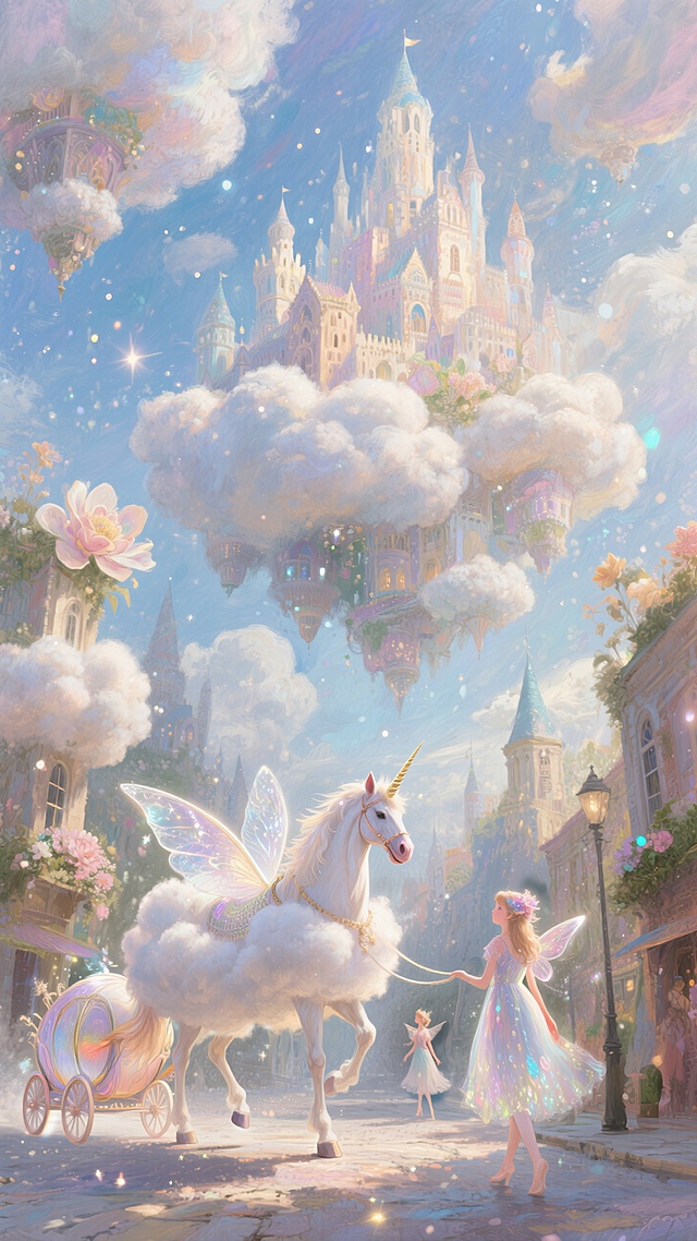 天空之城，城市的建筑都是由云朵堆砌而成，形状各异，有城堡样式、花朵样式等。城中的街道上，行驶着由独角兽拉着的云朵马车，市民们都是长着透明翅膀、身着薄如蝉翼彩衣的小仙子，