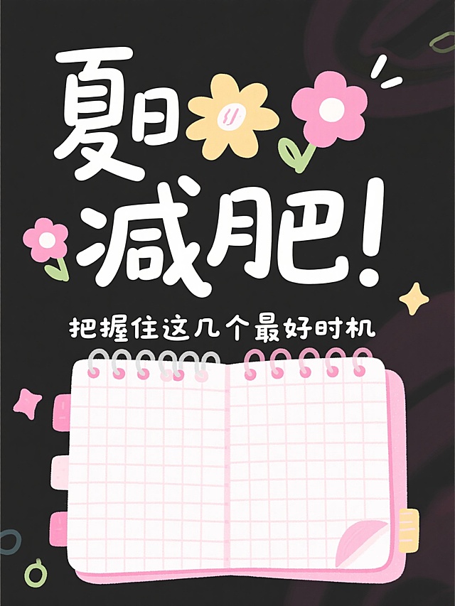 主标题“夏日减肥！“，副标题“把握住这几个最好时机“，标题用潮流花字，背景为粉白手帐格纹