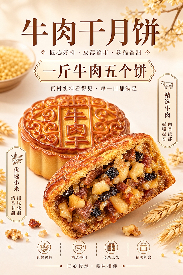 复刻参考海报的版式骨架、构图、配色体系、字体气质与视觉层级，生成一张竖版牛肉干月饼商业海报。

【产品保真硬约束】
月饼主体100%以上传的3张商品图为唯一来源，完整保留月饼的外形轮廓、饼皮花纹、「牛肉干」字样、切面馅料结构（核桃仁、黑色配料、牛肉颗粒等）、颜色色号、材质质感与烘焙光泽，不改变主体形态与结构；仅优化光影、增加食欲感、让馅料更油润诱人。

【版式骨架复刻（参考图结构）】
- 顶部主标题区：大字号棕色宋体/衬线字体「牛肉干月饼」，居中，层级最大
- 副标题区：「匠心好料 · 皮薄馅丰 · 软糯香甜」，小号棕色字，两侧小花纹装饰
- 核心卖点框（最突出）：中式圆角边框内大字「一斤牛肉五个饼」，棕色描边+浅金底，字号仅次于主标题，视觉冲击力最强
- 辅助文案：「真材实料看得见 · 每一口都满足」，位于核心卖点框下方
- 产品主体区：画面中下部为月饼主体，前景是切开的半块月饼（馅料朝向观众，饱满有食欲），后方是完整的圆形月饼，前后错落，有景深
- 左右竖标卖点：
  · 左侧竖标：麦穗图标 + 「优选小米」 + 「细腻软糯 清香甘甜」
  · 右侧竖标：牛肉图标 + 「精选牛肉」 + 「肉香浓郁 越嚼越香」
- 底部卖点带：4个圆形线框图标 + 文字，从左到右依次为「真材实料」「精选牛肉」「传统工艺」「精美礼盒」
- 最底部品牌区：「匠心传承 · 美味相伴」，装饰性分隔线

【配色与氛围】
- 主色调：暖米白/浅杏色背景，棕色系文字（深棕、金棕），整体温暖雅致
- 背景：浅米色渐变，右上角点缀桂花枝/麦穗等中式秋季元素，左下角散落小米粒、坚果碎与小麦穗，营造中秋月饼氛围
- 光影：顶部柔和自然光 + 前侧暖光，月饼表面有诱人高光，馅料油润有光泽，阴影柔和浅淡
- 整体风格：写实商业摄影，高端中式糕点质感，干净通透，食欲感强

【文字硬约束】
画面中必须完整呈现以下文字信息：
1. 主标题：「牛肉干月饼」
2. 副标题：「匠心好料 · 皮薄馅丰 · 软糯香甜」
3. 核心卖点（最大最突出）：「一斤牛肉五个饼」
4. 辅助文案：「真材实料看得见 · 每一口都满足」
5. 左侧竖标：「优选小米」「细腻软糯 清香甘甜」
6. 右侧竖标：「精选牛肉」「肉香浓郁 越嚼越香」
7. 底部卖点：「真材实料」「精选牛肉」「传统工艺」「精美礼盒」
8. 底部品牌：「匠心传承 · 美味相伴」

画面中所有数字必须精确渲染，不得错位、遗漏或编造。所有文字清晰可读，无错字、乱码。排版精美，层级分明，主体突出，四周留足安全边距。

【其他约束】
- 不复制参考图原品牌「惠香园」及任何侵权元素
- 月饼处理得有食欲、油润、馅料饱满，但保证不改变主体外形与结构
- 画面清晰，2K以上分辨率，元素不拥挤，排版无错位