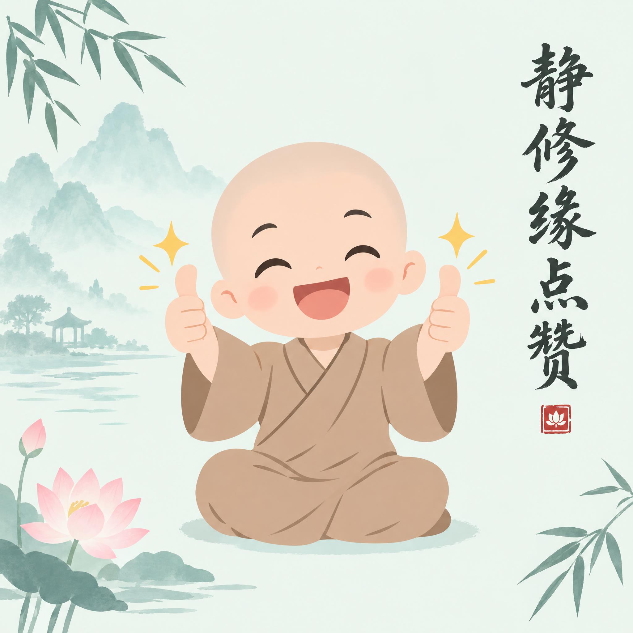 禅意风格Q版表情包第3帧，男版小和尚，光头，穿浅棕色僧袍，盘腿… - 图片创意预览