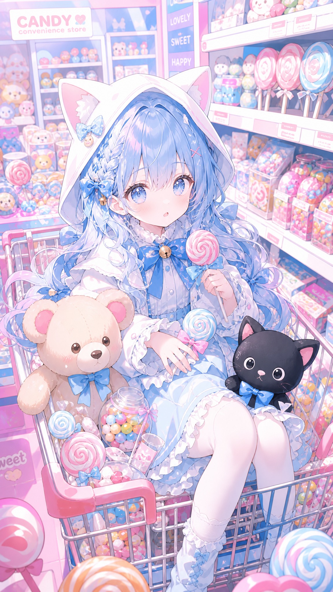 日系二次元插画，蓝发猫耳少女，白色猫耳连帽，浅蓝荷叶边连衣裙，… - 图片创意预览