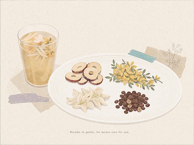 参考同款扁平肌理插画风格，米色纸张纹理背景，低饱和莫兰迪配色，色块平涂加肌理质感，胶带拼贴元素，画面中央是白色椭圆盘子，里面错落摆放着苹果干、线叶金雀花、百合、酸枣仁四种食材，每样食材用简约几何色块和细腻纹理表现，旁边搭配一杯养生茶饮，整体风格温柔安静，日系手帐感，画面干净留白多，底部一行小字英文短句，横版构图