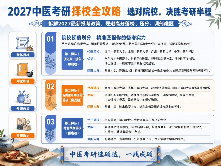 中医养生风格考研攻略海报，白色底色，蓝色和橙色点缀，整体版式参考参考图的清晰分区结构，主标题："2027中医考研择校全攻略｜选对院校，决胜考研半程"，副标题："拆解2027最新报考政策，规避高分落榜、预览效果