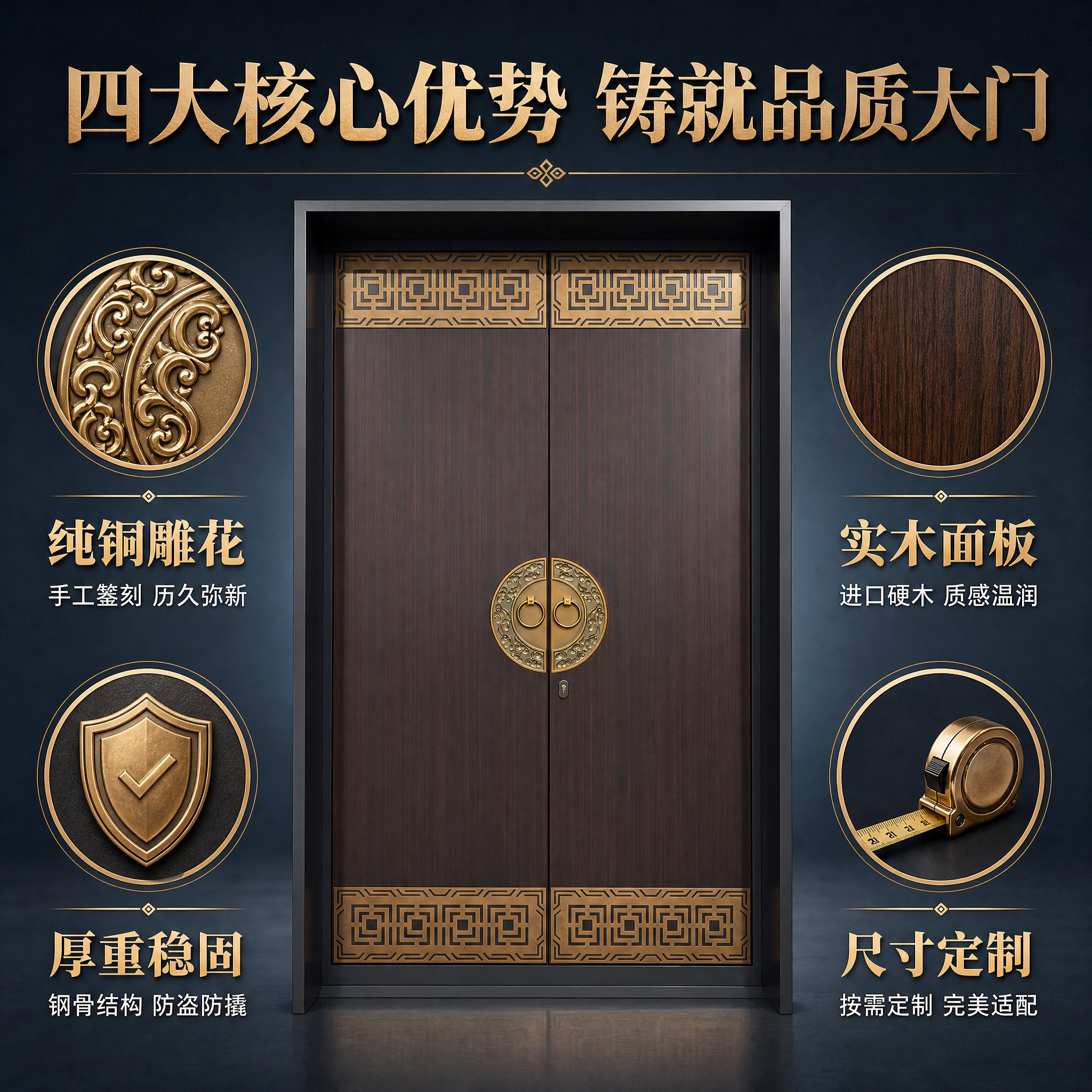 [主图-2] 新中式铜艺别墅大门核心卖点环绕图，集中展示四大核… - 图片创意预览