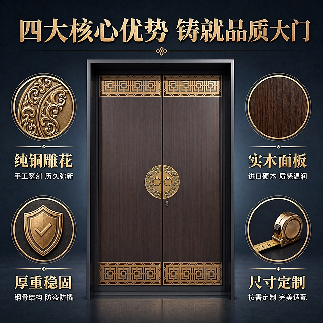 [主图-2] 新中式铜艺别墅大门核心卖点环绕图，集中展示四大核心优势。
[统一基调] 整体风格高端大气、新中式国风，背景主色为深灰蓝渐变搭配暖金点缀，标题字色为古铜金色，辅助字色为米白色，强调色为铜金色，字体为大气宋体衬线体，字号层级分明，卡片用细铜金色边框，整体干净专业有品质感。
[画面] 大门主体位于画面正中心，正面平视角度，占比约50%，深棕色实木面板搭配下部古铜回纹雕花，完整展示双开门全貌。大门四周环绕四个圆形卖点图标模块：左上是"纯铜雕花"图标（铜纹图案）配文字说明"手工錾刻 历久弥新"；右上是"实木面板"图标（木纹纹理）配文字说明"进口硬木 质感温润"；左下是"厚重稳固"图标（盾牌形状）配文字说明"钢骨结构 防盗防撬"；右下是"尺寸定制"图标（卷尺图案）配文字说明"按需定制 完美适配"。顶部居中大标题"四大核心优势 铸就品质大门"，字体为粗宋古铜金色。
[光影质感] 商业棚拍质感，均匀柔和布光，门体立体感强，铜饰金属光泽清晰，木纹纹理真实，底部有轻微投影，整体干净明亮。
[配色] 深灰蓝渐变背景，古铜金标题和图标边框，米白说明文字，铜金强调色点缀。
[文字版式] 顶部居中大标题用粗宋古铜金色大字，四周每个卖点模块上方是图标，下方是两行文字（卖点词加粗放大，说明文字缩小50%），文字均不遮挡大门主体关键部位。
[输出要求] 比例1:1，文字清晰可读，产品清晰不变形，无错字，无水印，无平台Logo，无杂乱元素。