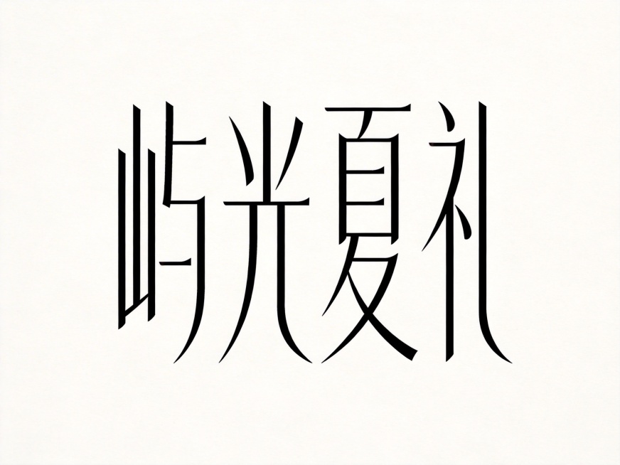 干净的纯白色背景。平面艺术字体设计，四个字"屿光夏礼"，所有文字单行横向排列。字形设计为高瘦体形，极细笔画处理，轮廓修长清雅，中宫开放，字形纵向拉伸，笔画细如发丝，留白感强，重心偏上，整体构图疏朗轻盈预览效果