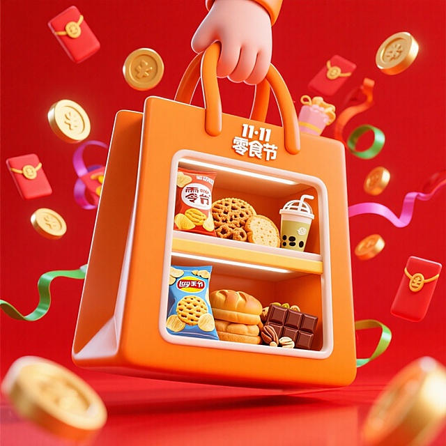画面主视觉是一只手提着巨型橙色购物袋。购物袋内部设计成双层橱窗形式，展示着薯片、饼干、奶茶、面包、坚果、巧克力等零食。袋子上印着“11·11 零食节”，周围环绕着金币、红包、彩带等元素。电商红色背景。