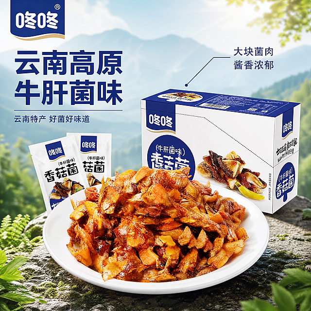 [主图-2] 云南特产咚咚香菇菌牛肝菌味核心卖点展示图，强调产地溯源和品质。[氛围风格] 地道山珍特色，真实可信。[画质] 商业摄影质感、光线柔和通透、产品清晰真实、画面干净高级，保持牛肝菌味产品外观（物理结构、材质质感、蓝白色包装配色）与输入产品图绝对一致，杜绝任何变形和色差，精细化处理。[元素] 中心摆放香菇菌实物特写，放大诱人油亮纹理和菌块饱满形态；旁边放置整盒牛肝菌味产品包装，保持蓝色包装品牌样式；背景淡融入云南山林远山虚化效果，呼应产地。商品主体占比严格控制在60%-80%之间，画面满屏无边框。[光影] 自然顶光加侧逆光，突出菌菇纹理层次和油润光泽，亮部通透暗部清晰。[配色] 主色产品蓝色+香菇棕黄色，背景浅绿蓝渐变，清新自然。[视角构图] 平视微距特写，主体突出，景深适中。[文字版式] 左上角品牌Logo。左侧大字主文案：云南高原 牛肝菌味，深蓝色粗体；右侧用细线连接标注：大块菌肉 酱香浓郁，清晰标注产品特点，文字不遮挡主体。[比例分辨率] 1:1比例，4k分辨率，文字清晰可辨，超高清。[负向提示词] 变形，水印，文字错乱，产品图模糊，背景杂乱，遮挡主体。