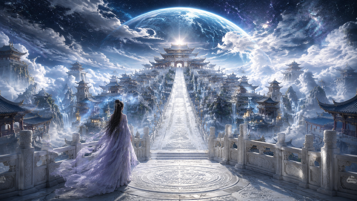 宇宙星穹天宫秘境，云海之上的东方仙宫，史诗级中式仙侠美学场景，极繁主义细节，极致对称空间深邃纵深感，兼具恢弘仙气与空灵孤寂感，对称纵深构图，以白玉天阶与主殿为引导线，强化从近景平台到远景宇宙的多层级空预览效果