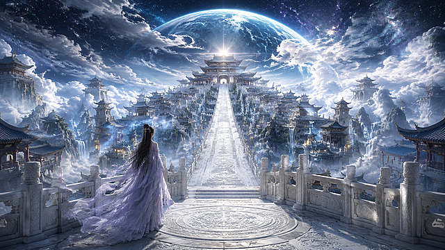 宇宙星穹天宫秘境，云海之上的东方仙宫，史诗级中式仙侠美学场景，极繁主义细节，极致对称空间深邃纵深感，兼具恢弘仙气与空灵孤寂感，对称纵深构图，以白玉天阶与主殿为引导线，强化从近景平台到远景宇宙的多层级空间延伸感，打造天阶通天宫的史诗透视效果，画面近景的白玉平台上，身着紫裙的古装女子凭栏而立，长发垂落，衣袂随风扬起，目光望向天阶尽头的主殿，平台与天阶由白玉铺就，纹理细腻，尽显天宫的圣洁庄严，画面中央的巨型白玉天阶直通主殿，两侧的中式古建群依山势对称分布，飞檐翘角，青瓦白墙，层层叠叠，广场上的建筑鳞次栉比，尽显天宫盛景，深邃的宇宙天际，云海翻涌，地球的轮廓清晰可见，阳光穿透云层洒下柔光，云海与星空连成一片，通过天阶的对称延伸、建筑的层层递进、光影的明暗对比，极致放大场景的宇宙级恢弘感与空灵氛围，主殿的飞檐斗拱、雕花窗棂、青瓦白墙的质感，白玉天阶的纹理与雕刻，古建群的层叠结构，细节可放大赏析，云海的蓬松流动效果、地球的光影与轮廓、古装女子的衣袂褶皱与发丝动态、白玉平台的纹理，微观层次饱满，近实远虚、冷调为主，近景平台与人物在柔光下细节清晰，中景天阶与古建泛着朦胧冷光，远景地球与云海泛着幽蓝光晕，通过明暗对比与虚实渐变强化宇宙仙侠感，整体光影层次丰富，氛围感拉满，建筑的木质与石材质感、白玉天阶的温润光泽、云海的朦胧流动感、衣料的轻盈飘逸感，8K超写实渲染，极致细节质感，中式仙侠美学，宇宙史诗，极繁主义构图，秩序井然的元素堆叠，通过对称空间与光影打造极致恢弘空灵感，UE5渲染，8K超清，电影级调色，景深效果，HDR，禁止西方建筑元素、现代科技、畸形结构、模糊纹理、杂乱色彩、过曝/死黑区域，禁止人物出现畸形肢体，禁止破坏空间纵深感的平面化构图