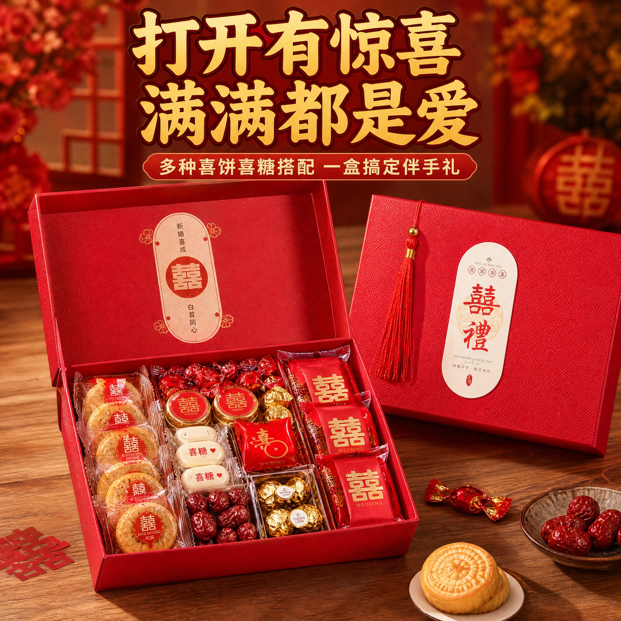 [主图-3] 新中式结婚喜糖盒子 开箱展示 内部喜饼喜糖内容物… - 图片创意预览