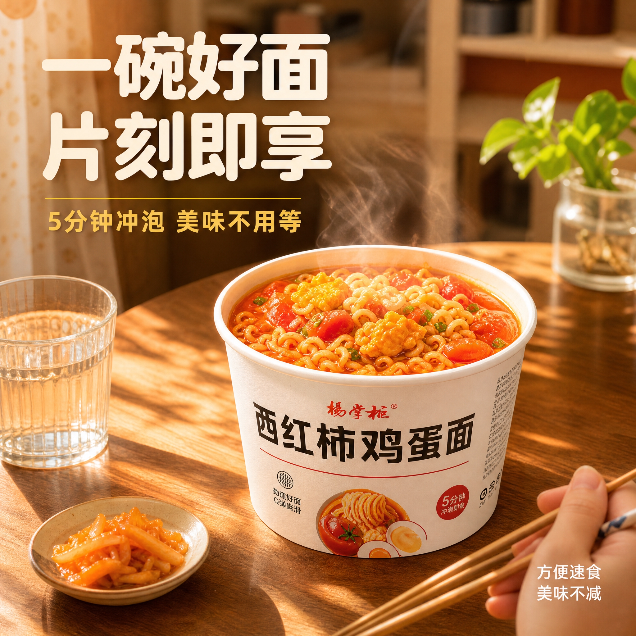 [主图-4] 食用场景与生活方式主题。展示杨掌柜西红柿鸡蛋面在… - 图片创意预览