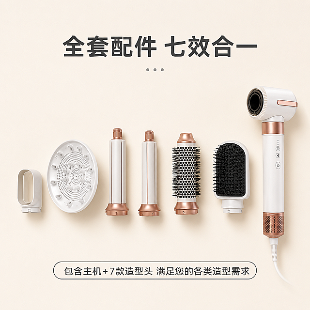 [主图 5] 七合一卷直发棒全套配件规格展示
[氛围风格] 温馨舒适科技未来风，干净整齐平铺展示
[画质] 商业摄影质感、光线柔和通透、产品清晰真实
[元素] 七合一卷直发棒主机和全部七个替换配件整齐平铺展示在浅米白色背景上，所有配件一一排列清晰可见，完整展示整套产品内容。保持每个配件外观结构和颜色与输入产品图绝对一致，摆放整齐有序。所有产品总占比约75%，布局均衡不拥挤。
[光影] 顶侧柔光均匀打亮每一件产品，阴影柔和，每个产品轮廓清晰，金属配件反光自然，整体通透干净
[配色] 浅米白背景，突出产品白+玫瑰金配色，整体清新干净，温馨舒适
[视角构图] 轻微俯视平铺角度，所有配件整齐排列成行，间距均匀构图舒适
[文字版式] 顶部标题「全套配件 七效合一」，底部文字说明「包含主机+7款造型头 满足您的各类造型需求」，文字大小对比清晰，颜色深灰与浅背景形成良好对比，不遮挡产品
[比例分辨率] 1:1比例，2048*2048分辨率，文字清晰锐利，画面超高清
[负向提示词] 变形，水印，文字错乱，产品图模糊，背景杂乱，配件缺失，排列混乱