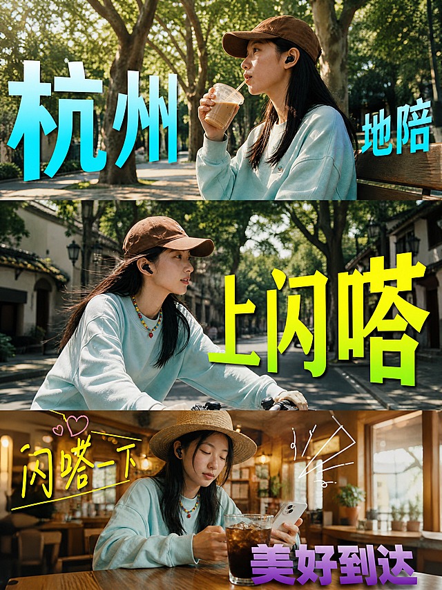 小红书笔记大字封面，配图大字，ins清新旅行风，版式精美，小红书笔记封面质感，适合信息流点击。版式骨架、三屏分屏结构、分区比例、色调体系与参考图保持一致（相似度约70%），文案与场景替换为本次杭州地陪主题。画面为竖版三屏分屏拼接，从上到下三张旅行场景图：第一屏是杭州梧桐树荫下的街道长椅场景，年轻女生戴棕色棒球帽、穿浅蓝卫衣，手持冰咖啡侧坐饮用，阳光透过树叶洒下光斑；第二屏是杭州老街骑行场景，同一位女生戴棕色棒球帽骑单车，街道两旁是梧桐树与江南风格建筑；第三屏是杭州文艺咖啡馆内场景，女生戴草帽坐在木质桌前看手机，桌上有冰美式咖啡，暖黄灯光氛围。文字内容逐字锁定：第一屏左上角超大蓝青渐变大字「杭州」，右上角蓝青渐变稍小字体「地陪」；第二屏中央超大黄到绿渐变立体大字「上闪嗒」；第三屏左下角黄色手写涂鸦风格字「闪嗒一下」，右下角紫到浅紫渐变粗体字「美好到达」。主标题字号占画面约50%视觉权重，清晰可读，不得增删改字。装饰元素与参考图风格一致：第三屏左上角有手绘爱心与线条装饰，右上角有手绘放射线条装饰，同类型适度换款。整体氛围：杭州旅行清新治愈感，阳光明媚，生活化记录感。画质：高清细腻，电影感胶片色调，信息层级清晰，主标题与背景强对比，文字完整处于安全区内不可裁切，四周留安全边距。图生图：严格使用用户上传图片作为版式与风格参考，【图1】= 参考版式与风格。
