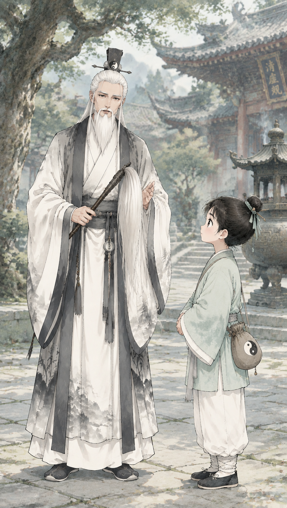 水墨国漫风格对话场景图：道观院子里，青石板地面，古树、香炉、飞… - 图片创意预览