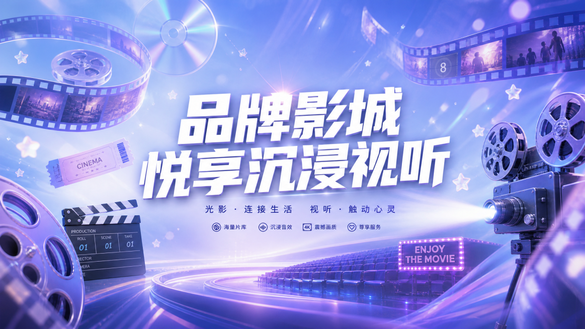 调整为16:9横版比例，保留淡蓝与淡紫渐变背景，保留半透明电影胶片、光碟元素，保留中心醒目的白色粗体中文“品牌影城 悦享沉浸视听”，保留四周环绕的电影相关元素，保持清新活泼风格，传递影院行业聚合沉浸视预览效果