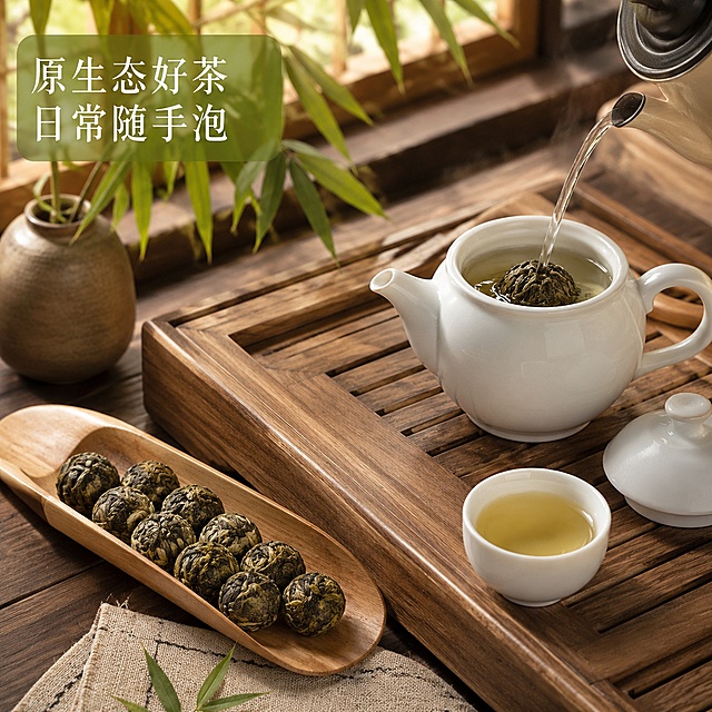 [主图-4] 龙珠茶叶日常冲泡场景展示，增强生活代入感。
[氛围风格] 温馨自然，静谧中式茶台氛围。
[画质] 高清商业摄影质感，氛围真实自然。
[元素] 原木茶台上摆放整套茶具，白瓷茶壶中放一颗龙珠茶叶正在冲泡，旁边茶荷上摆放多颗干龙珠茶叶，背景点缀翠绿竹枝，整体布置自然雅致，干茶保持外形颜色与原图一致，球形完整清晰。商品主体干茶和冲泡场景占比约70%，画面层次丰富不杂乱。
[光影] 自然光从窗边透入，整体温暖明亮，光影柔和，营造静谧品茶氛围。
[配色] 原木色、白色茶具、深绿色茶叶，点缀浅绿竹枝，自然和谐。
[视角构图] 略微俯视，场景式构图，展示完整冲泡体验。
[文字版式] 左上角浅绿色半透明底，白色文字 "原生态好茶 日常随手泡"，文字简洁不抢主体。
[输出要求] 1:1 比例，文字清晰锐利，超高清商业摄影质感。
[负向提示词] 变形，文字错乱，场景杂乱，水印，电商平台Logo。