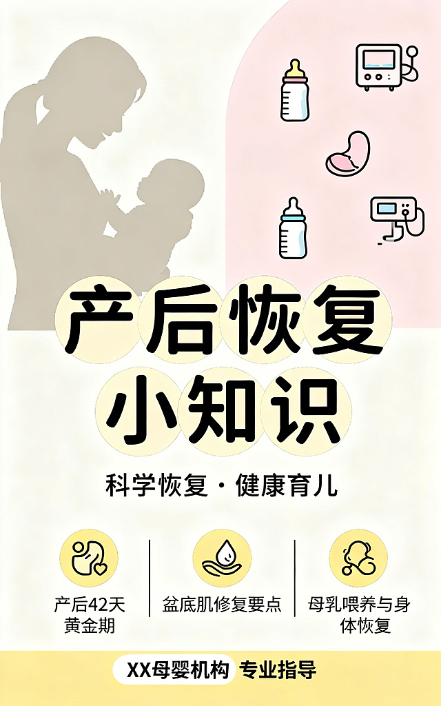 产后恢复小知识科普海报，温馨柔和风格，浅暖色调，简洁清晰排版，适合母婴机构宣传，尺寸750像素宽1200像素高