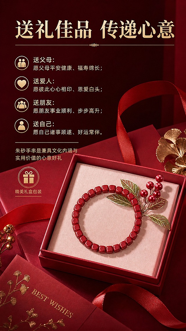 淘宝天猫电商详情页，9:16竖版，朱砂手串送礼场景图，参考图8红金高级质感风格，帝王砂方形珠手串放在精美礼盒中，手串外观严格保持原样不修改，酒红色背景，红色丝带，金色装饰元素，顶部大标题文字"送礼佳品 传递心意"，下方卖点文字："送父母：愿父母平安健康、福寿绵长；送爱人：愿彼此心心相印、恩爱白头；送朋友：愿朋友事业顺利、步步高升；送自己：愿自己诸事顺遂、好运常伴。朱砂手串是兼具文化内涵与实用价值的心意好礼"，配礼盒图标，温馨高级红金风格