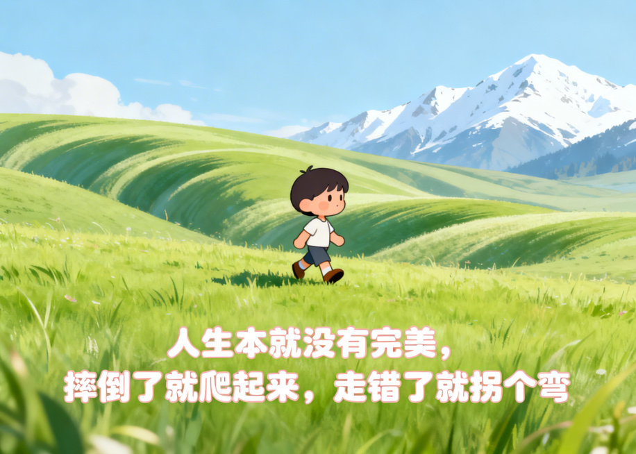 可爱风动画图，呈现《我的阿勒泰》里治愈的场景，有卡通人物在草原上漫步，配文“人生本就没有完美，摔倒了就爬起来，走错了就拐个弯”预览效果