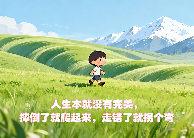 可爱风动画图，呈现《我的阿勒泰》里治愈的场景，有卡通人物在草原上漫步，配文“人生本就没有完美，摔倒了就爬起来，走错了就拐个弯”