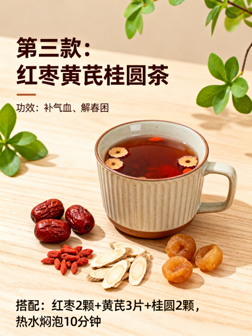 暖色调春日场景，陶瓷马克杯里盛着红枣黄芪桂圆茶，茶水呈红棕色，杯旁散放着去核红枣、黄芪片和桂圆干，背景是浅木色桌面加嫩绿植物点缀，画面左侧清晰文字标注："第三款：红枣黄芪桂圆茶", 下方小字："功效：预览效果