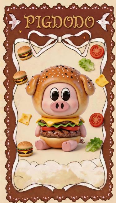将卡牌顶部的文字BURGER PIG替换为PIGDODO，字体样式参考图二的复古艺术字体，保持金色立体效果和整体风格一致预览效果