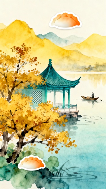 新中式水墨淡彩风格插画，暖黄色、蓝绿色为主色调，淡雅宁静的秋日湖畔诗意意境，手工水墨笔触细腻晕染自然，弥散感氛围。竖幅分层式空间构图，纵深感强烈，布局疏密得当。前景是金黄树木，枝叶以点状水墨技法表现，预览效果