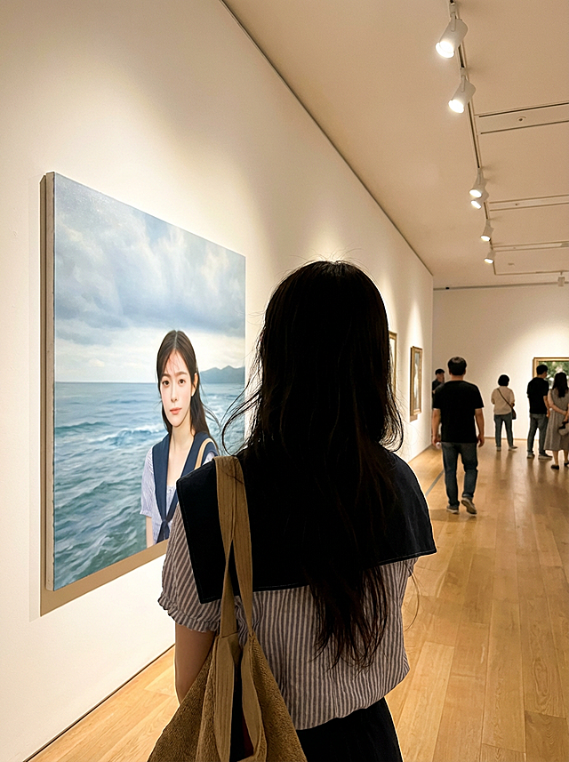 油画风超现实主义肖像，实景感与文艺感交织，清透光影中人物凝视海洋，柔和色调营造梦幻氛围。