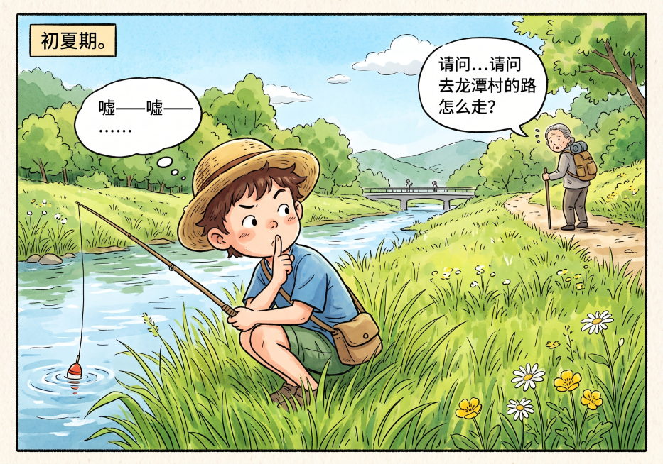 卡通漫画手绘风格，初夏郊外小河边，小孩蹲草丛专注垂钓，听到问路后噤声示意，不要出声怕惊走鱼，整体天真童趣。预览效果