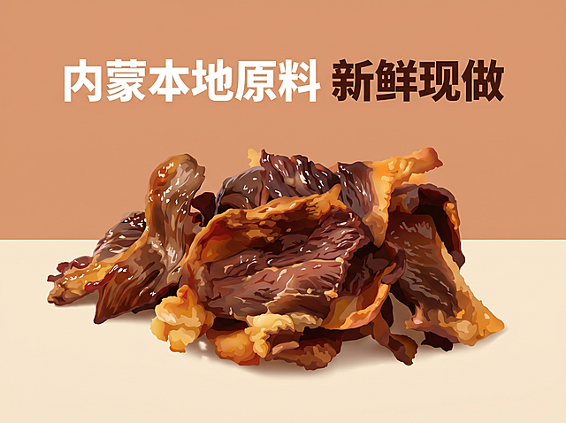 [辅助图3] 简约信息图风格，突出内蒙本地原料新鲜现做的产地优势。暖调美食风，整体干净高级。将原图中的牛胸口放置在画面中心视觉位置，保持牛胸口原本的外观结构颜色与输入产品图绝对一致，杜绝任何变形和色差。背景使用简洁纯色暖调，简约干净。文字「内蒙本地原料
新鲜现做」居中放置在牛胸口上方，字体干净清晰，颜色与背景对比强烈突出。整体色调统一，无杂乱元素，4:3比例，2k分辨率，超高清。负向提示词：变形，水印，文字错乱，产品图模糊，背景杂乱。