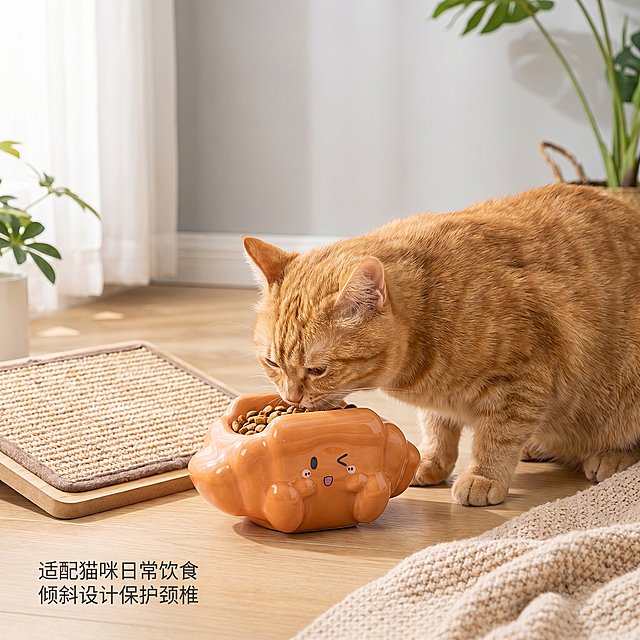 [主图 4] 可颂陶瓷宠物碗猫咪使用场景展示。[氛围风格] 温馨自然生活化，治愈居家氛围。[画质] 商业摄影质感、光线柔和通透、产品清晰真实、画面干净高级。[画质] 商业摄影质感、光线柔和通透、产品清晰真实、画面干净高级。[元素] 一只橘色猫咪正在使用可颂陶瓷宠物碗吃猫粮，宠物碗放置在客厅地面上，周围搭配猫抓板和小毛毯作为环境点缀，背景是干净浅灰色墙面，自然温馨。保持可颂陶瓷宠物碗外观（物理结构、材质质感、颜色）与输入产品图绝对一致，杜绝任何变形和色差，精细化处理。产品主体清晰，猫咪自然互动，构图协调，主体占比约70%。[光影] 室内柔和自然光，整体温暖明亮，阴影柔和，突出家居温馨感。[配色] 浅灰色家居背景搭配宠物碗暖橙色，整体色调温暖和谐。[视角构图] 平视抓拍视角，景深适中，猫咪和宠物碗都清晰自然。[文字版式] 画面左下角标注文字：适配猫咪日常饮食 倾斜设计保护颈椎，文字浅灰色小字号，不遮挡主体。[比例分辨率] 1:1 比例，2k 分辨率；文字清晰可辨，超高清。[负向提示词] 变形，水印，文字错乱，产品图模糊，背景杂乱，猫咪遮挡产品主体