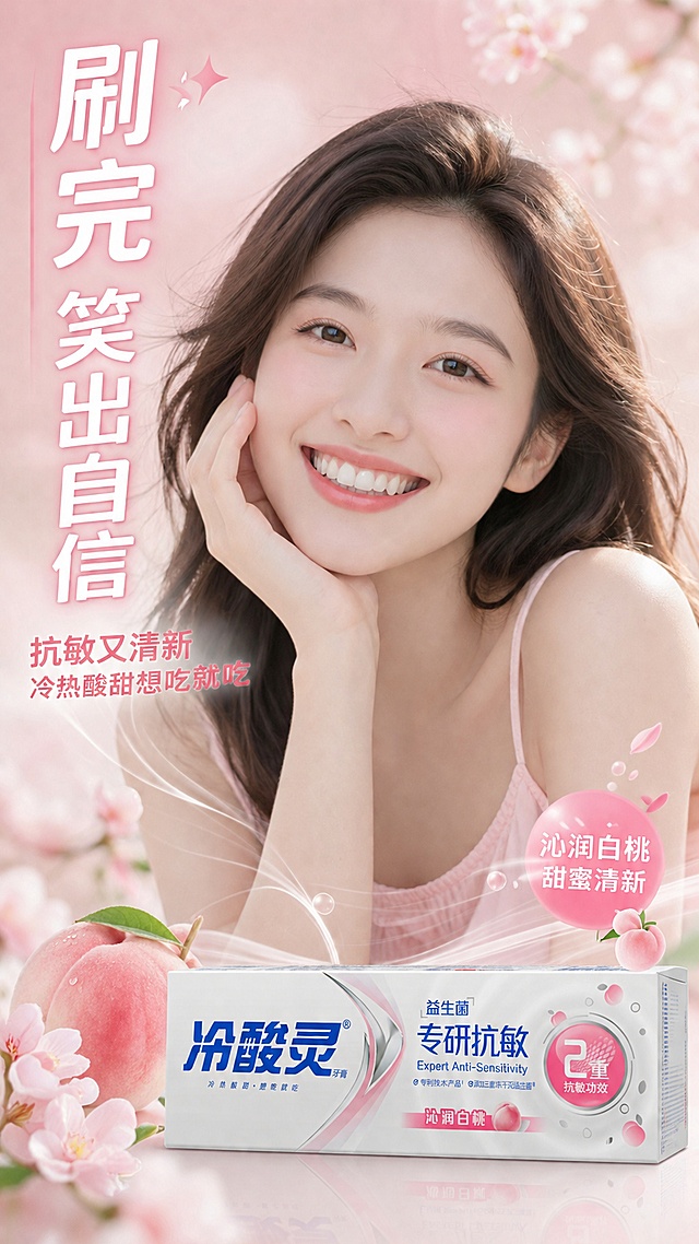 [第5屏] 真人效果展示 - 自信笑容与清新口气。本屏使用【图1】作为产品，与人物同屏融合。
[氛围/风格] 清新自然真人风，阳光治愈感，亚洲年轻女性，自信灿烂笑容，生活感强。
[元素布局] 画面上半部分是一位亚洲年轻女性的半身特写，面带灿烂笑容露出洁白牙齿，手轻轻托着脸颊，表情自信愉悦；人物周围有淡淡的白桃香气波纹和清新符号；画面右下角放置牙膏包装盒，占比约20%，与人物自然融合；背景是柔和的粉色渐变，带有虚化的白桃花瓣和阳光光斑。
[光影质感] 自然光从左前方打来，人物面部光线均匀柔和，皮肤通透，牙齿洁白有光泽，整体暖调清新。
[配色色系] 全局底色 #FFF0F5 柔粉渐变；主色肤色自然、白桃粉；辅助色白色、浅金阳光色。
[视角构图] 人物居中偏上，产品在右下呼应，阅读动线从人物笑容 → 清新元素 → 产品。
[文字版式] 左侧竖排或左上主标题「刷完 笑出自信」，白色粗体字带浅粉底色块；副标题「抗敏又清新 冷热酸甜想吃就吃」；右下角产品旁有小标签「沁润白桃 甜蜜清新」；文字不遮挡人物面部和产品。
[比例分辨率] 9:16 竖版比例，4K 分辨率，文字清晰可辨，高清画质。
[负向提示词] 人物变形，牙齿不自然，产品比例失调，水印，文字错乱，肤色异常。