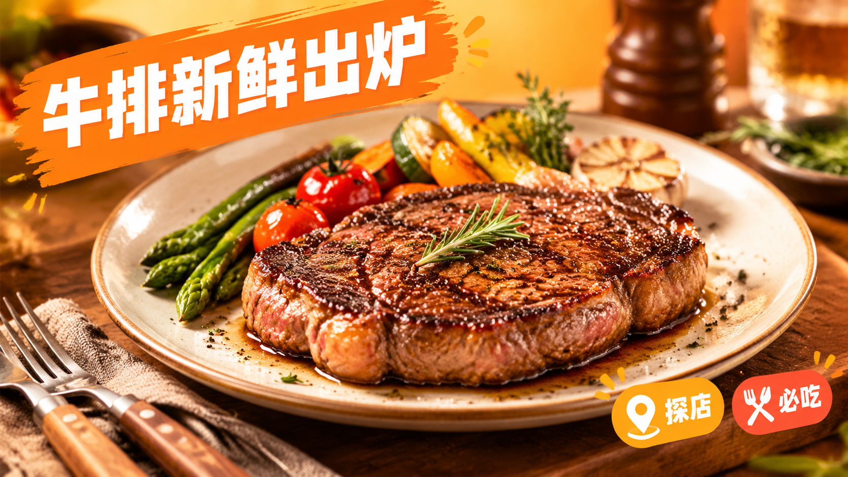 美食风格，暖橙色背景，画面中心是一盘色泽诱人的牛排，牛排表面焦… - 图片创意预览