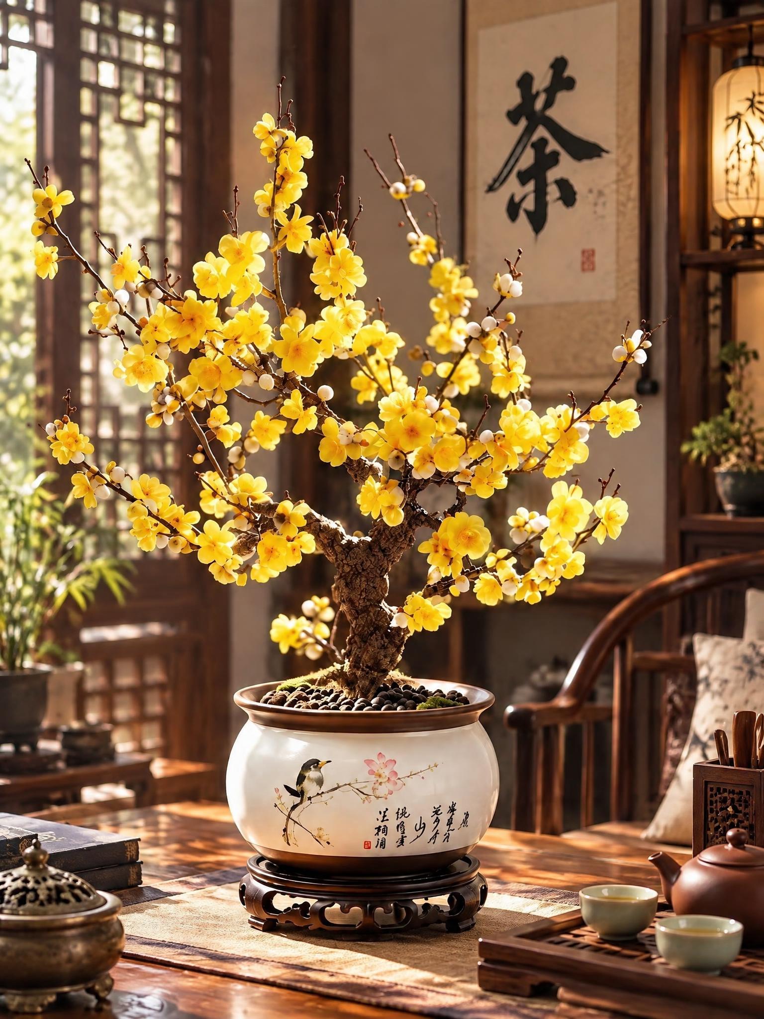 将背景替换为中式茶室场景，保留腊梅盆栽主体和花盆不变，画面自然… - 图片创意预览