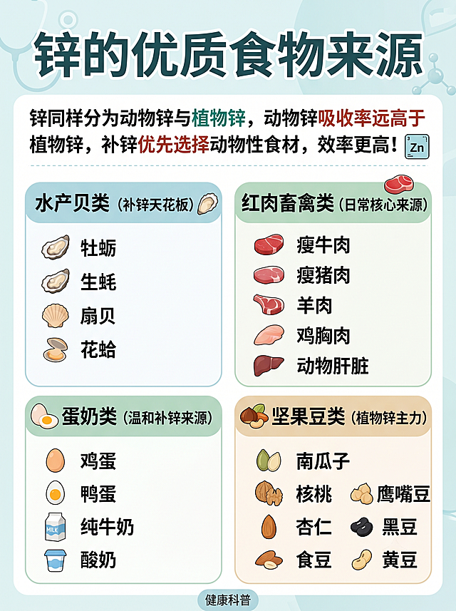 制作一张健康科普公众号贴图，主题为"锌的优质食物来源"，包含以下完整文案：锌同样分为动物锌与植物锌，动物锌吸收率远高于植物锌，补锌优先选择动物性食材，效率更高！🦪 水产贝类（补锌天花板）牡蛎、生蚝、扇贝、花蛤。🥩 红肉畜禽类（日常核心来源）瘦牛肉、瘦猪肉、羊肉、鸡胸肉、动物肝脏。🥚 蛋奶类（温和补锌来源）鸡蛋、鸭蛋、纯牛奶、酸奶。🌰 坚果豆类（植物锌主力）南瓜子、核桃、杏仁、鹰嘴豆、黑豆、黄豆。风格简约清晰，医疗健康科普风格，搭配对应食材小图标，标题突出，分类排版整齐美观