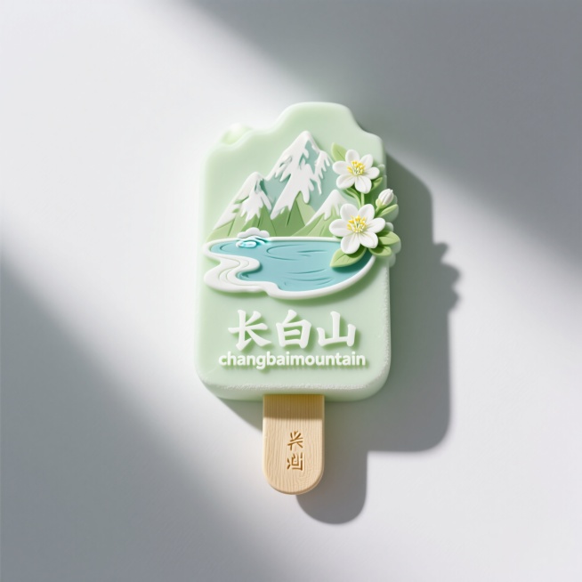 文创雪糕，画面主体为“长白山 changbaimountain”，立体长白山天池、茉莉花元素装饰，浅绿色预览效果