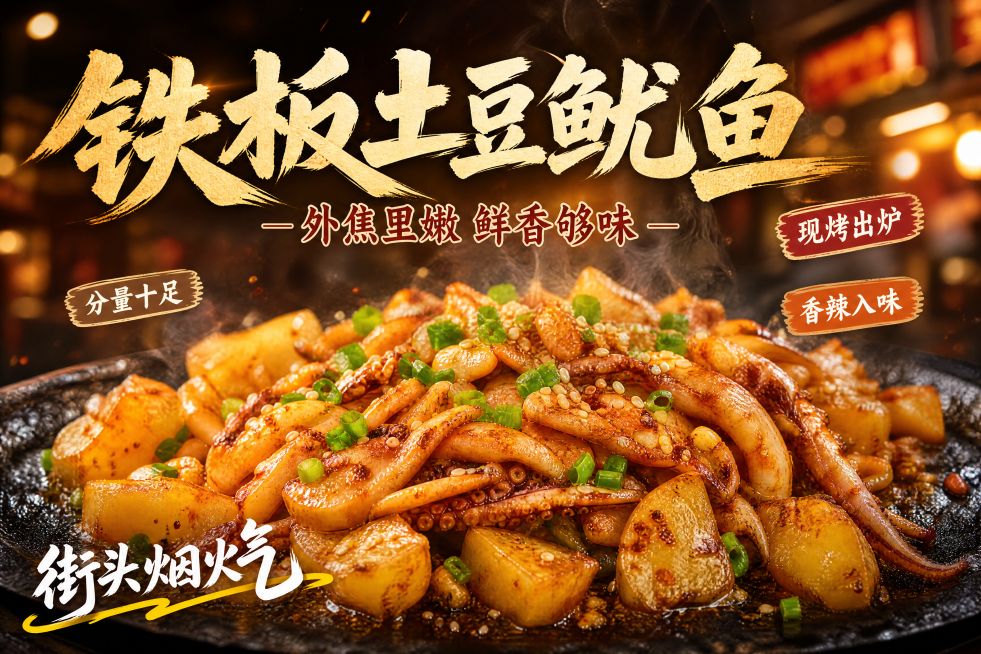 美食海报，写实商业摄影风格，主打铁板土豆鱿鱼，热烟火热气氛围，暖光色调，食欲感满满。主标题"铁板土豆鱿鱼"使用超大字体醒目突出，副标题"外焦里嫩 鲜香够味"，左下角装饰短句"街头烟火气"，卖点标签"现预览效果