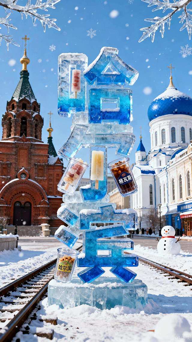 画面主视觉是由蓝色渐变冰晶堆叠而成的 “哈尔滨”艺术字。冰面覆雪，带有纹理细节，文字冰晶作为透明容器，内部冰封着冰棍、格瓦斯等哈尔滨特色食物。背景是哈尔滨中央大街欧式建筑群落，地面延伸出积雪铁轨、雪人。天空湛蓝，飘雪花，边缘点缀冰雕树枝。