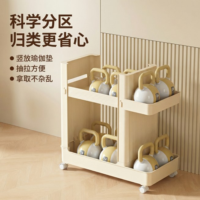 [主图 2] 大容量分区收纳功能展示主图
[氛围/风格] 温馨居家生活感，高级简约风，统一暖调自然光，和主图1一致的光影效果
[画面元素] 保留原图产品外观完全不变，展示哑铃款收纳推车，突出分层隔袋设预览效果