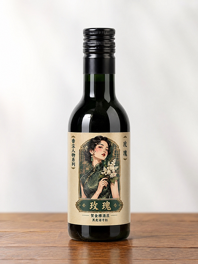 产品摄影图，一只187ml小容量深绿色玻璃红酒瓶，瓶身圆润，黑色螺旋盖，瓶身正面贴有玫瑰酒标。酒标为民国复古风格，米黄色做旧纸张背景，中央是穿墨绿色旗袍持白色丁香花的清冷才女玫瑰半身像，左侧竖排"香尘人物系列"，右侧竖排"玫瑰"，底部绿色牌匾写"玫瑰"，下方"贺金樽酒庄 黑皮诺干红"。酒标贴合瓶身有自然弧度和玻璃反光质感，酒瓶放置在木质桌面上，柔和自然光，高清写实，商业产品摄影风格，白色简洁背景