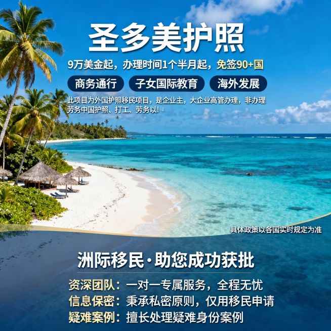 帮我做一份瓦努阿图项目可以在巨量AD投放的落地页长图，要求如下：
素材风格：圣多美岛背景
主标题：圣多美护照
副标题（内容不换行，小号字体）：9万美金起，办理时间1个半月起，免签90+国
内容：
商务预览效果